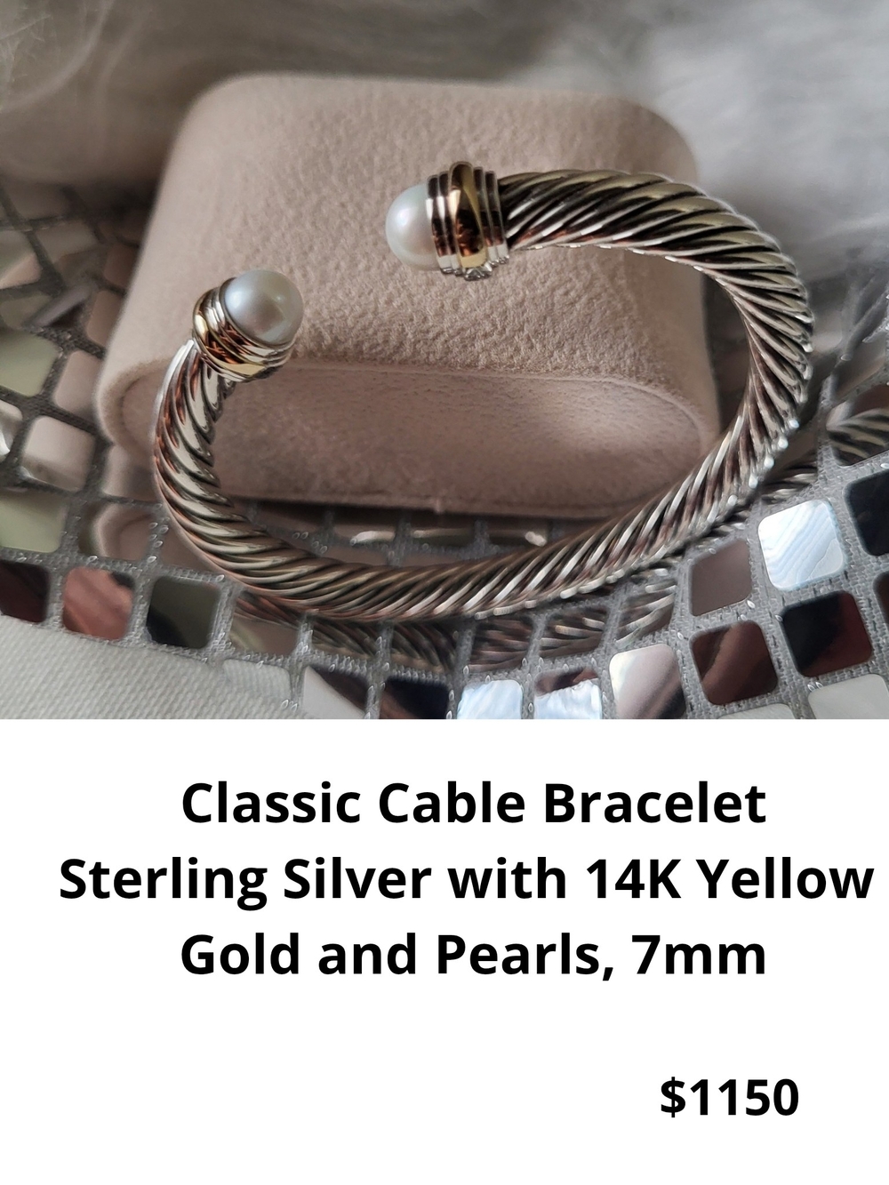 Sterling Silver Cable Cuff Bracelet with 14K Yellow Gold and White Pearls.#DYB01